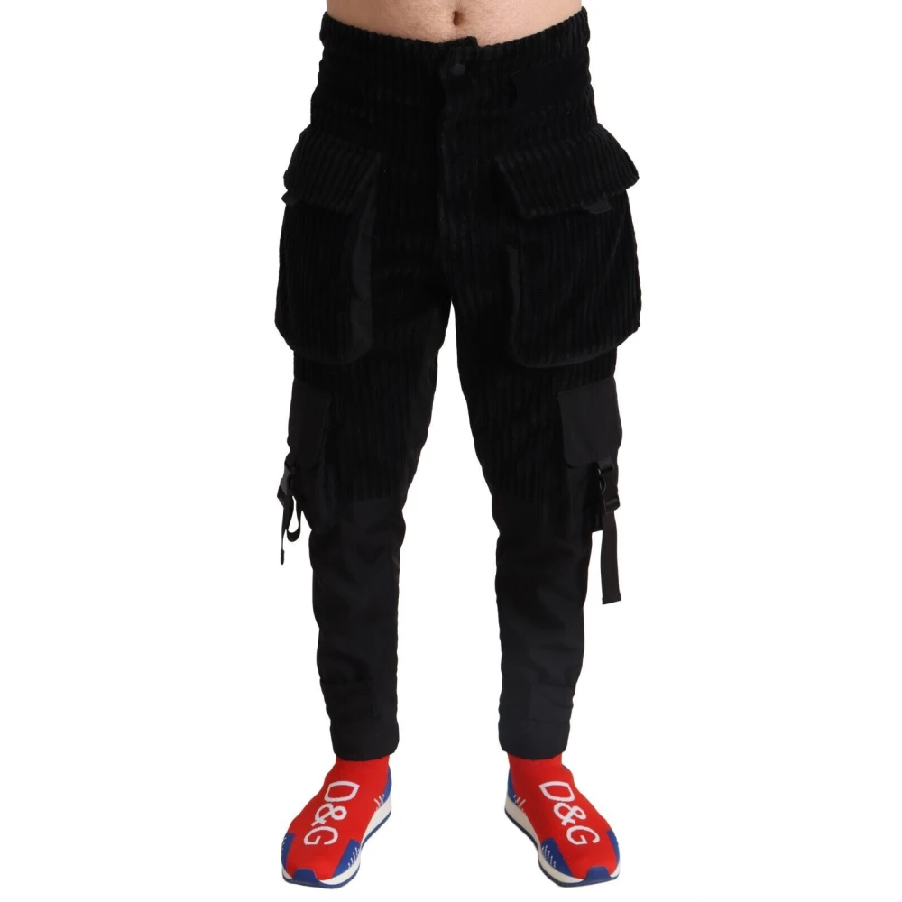 Dolce & Gabbana Men's Black Slim-Fit Trousers, Xs, Cotton Skinny Corduroy Cargo Trousers