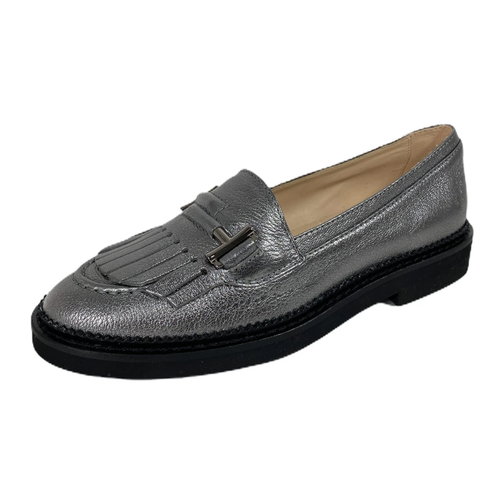 Tod's Women's Silver Leather Loafer With Heavy Rubber Sole
