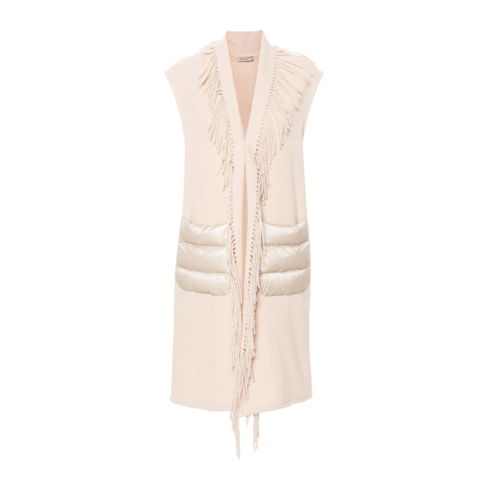 Herno Moucheté wollen-cashmere mix mouwloze jas met franjes Beige Dames