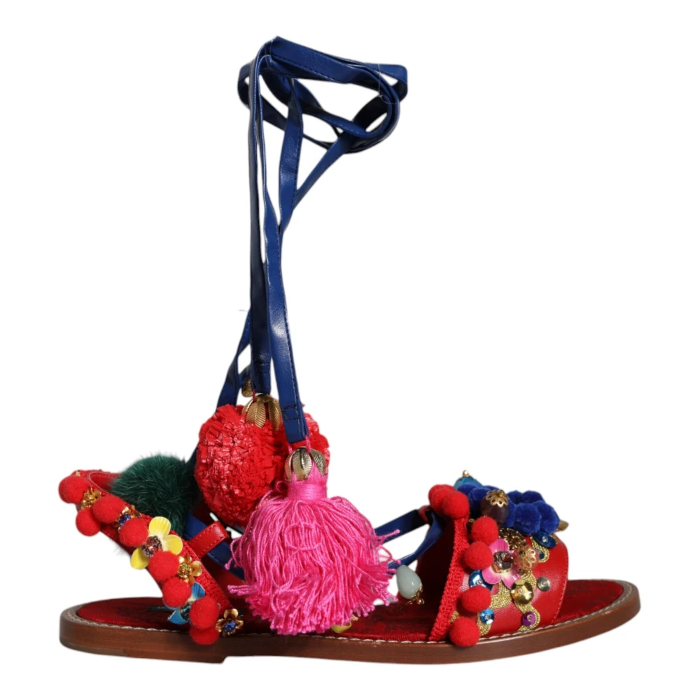 Dolce & Gabbana Women's Multicolor Flat Sandals, 5 Uk, Pom Pom Fur Wrap Sandals