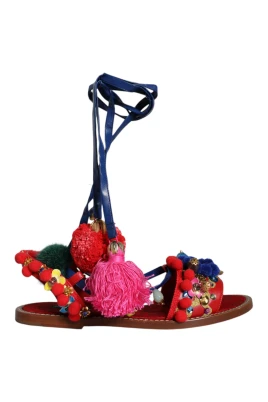 Multifärgad Pom Pom Päls Wrap Sandaler