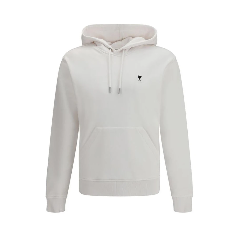 Ami Paris Men's White Hoodies, L, Cotton Sweatshirt With Ribbed Hem And Cuffs