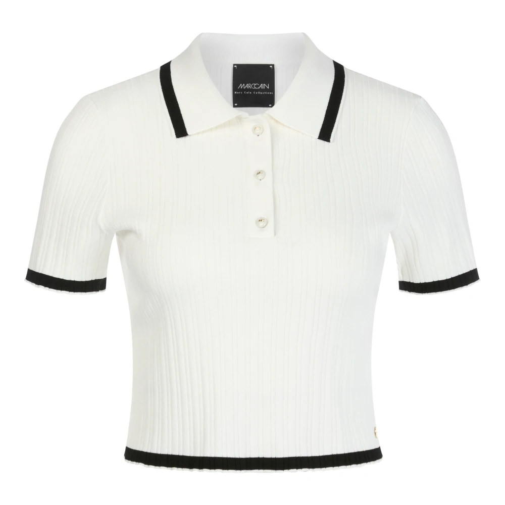Marc Cain Women's White Cropped Polo-Shirt With Contrast Stripes