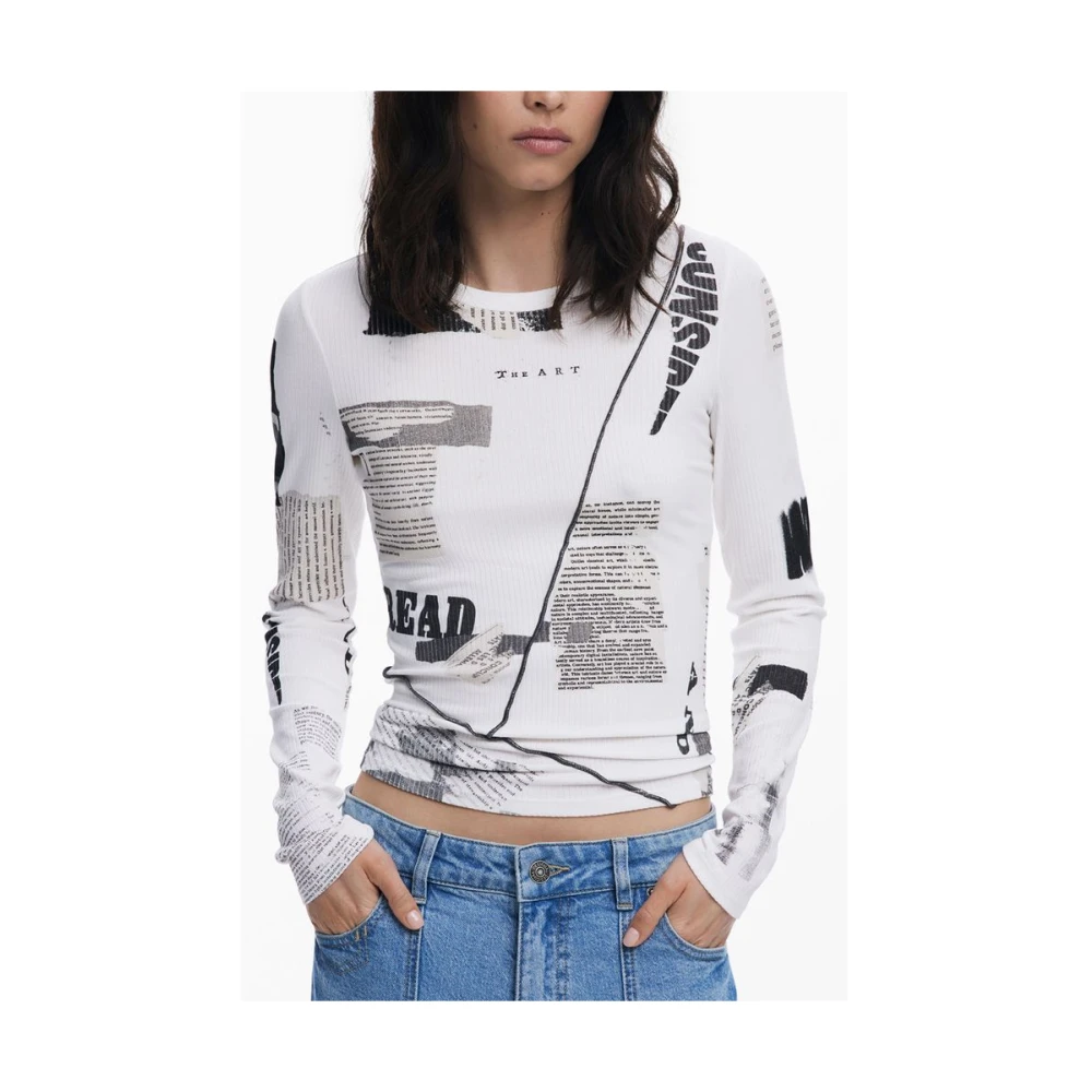 Desigual Women's White Newspaper Print Top Extra Large
