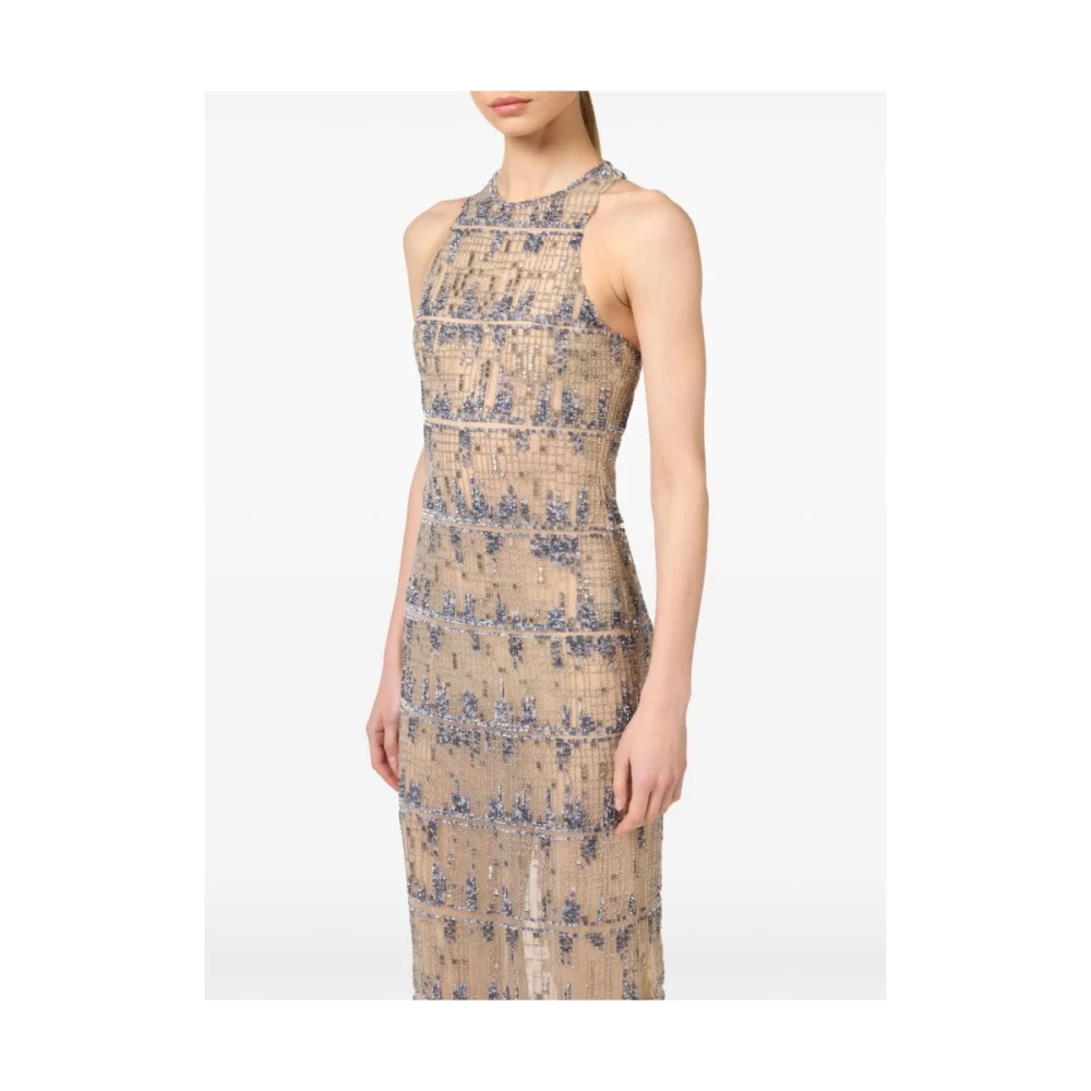 Elisabetta Franchi Pixel-Patroon Pailletten Tule Jurk Beige Dames