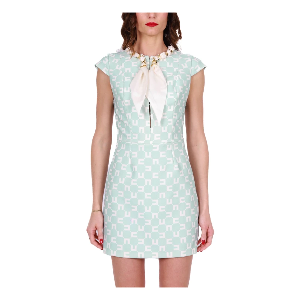 Elisabetta Franchi Groene Logo Print Crepe Mini Jurk Green Dames