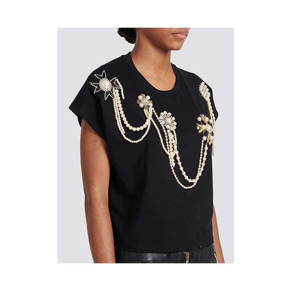Balmain Katoenen T-shirt met korte mouwen en gouden borduursel Black Dames