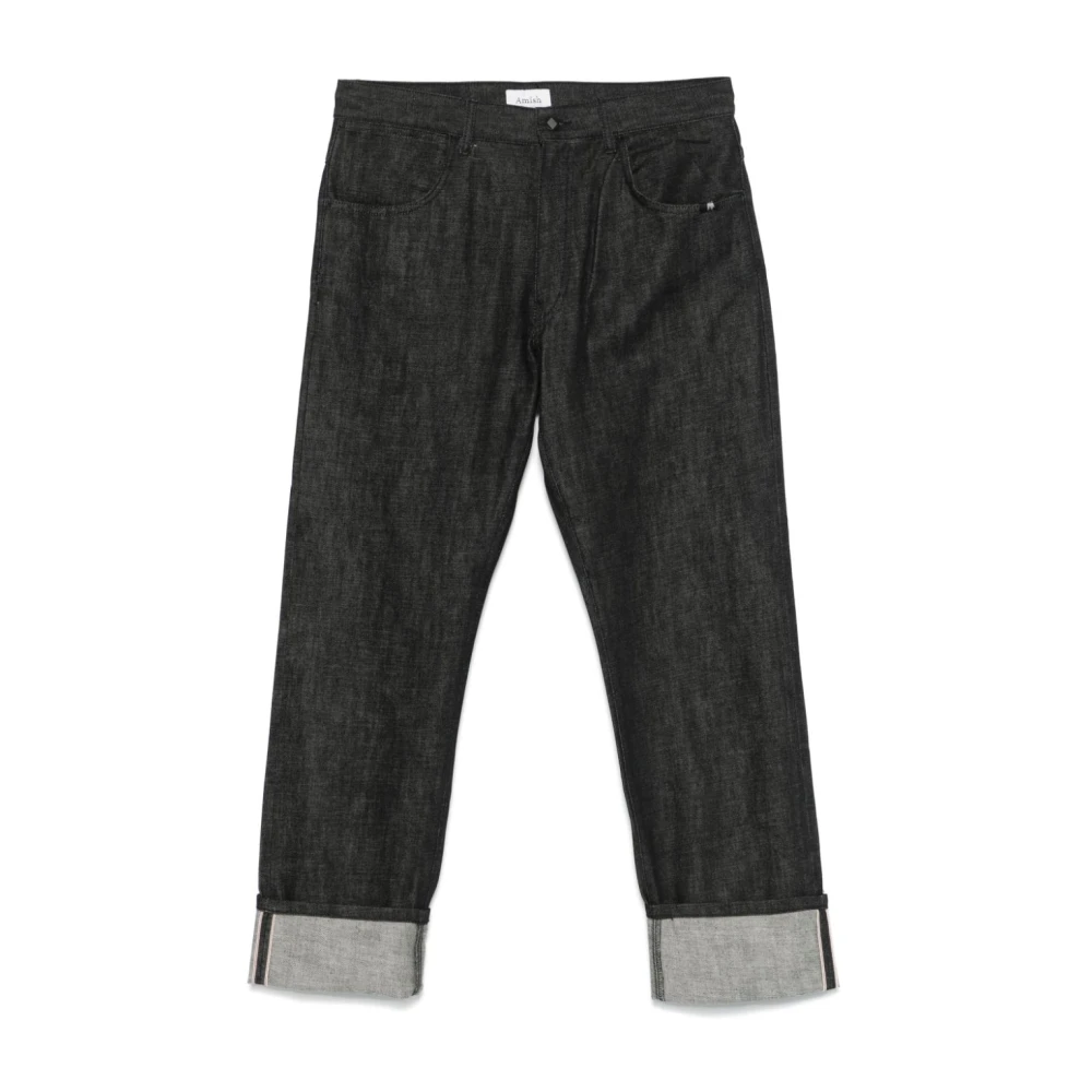 Amish Zwarte Denim Jeans met Omgeslagen Zoom Black Heren