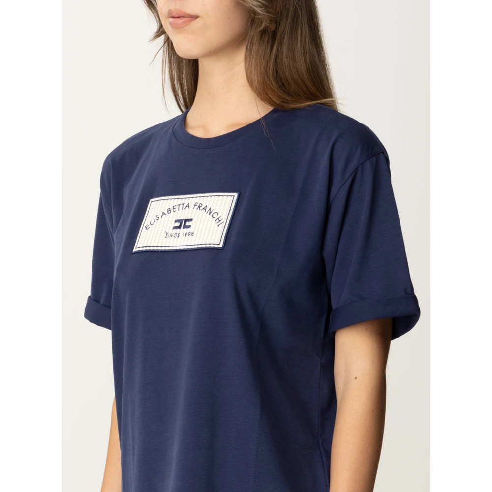 Elisabetta Franchi Blauw Katoenen Jersey T-shirt met Geborduurde Patch Blue Dames