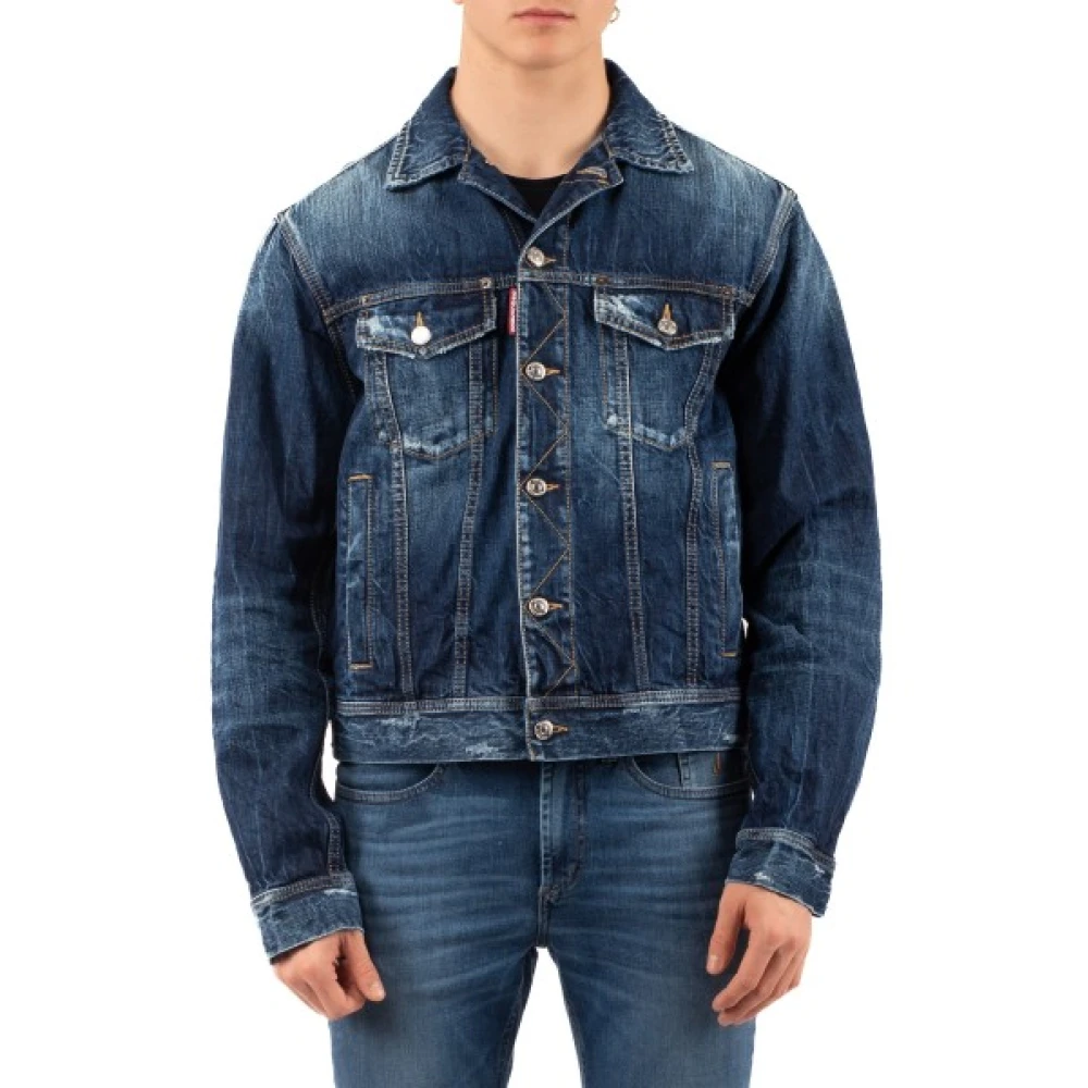 Dsquared2 Mannelijk Blauw Jassen Heren, L, Denim, Logo-Patch Gewassen Denim Jas