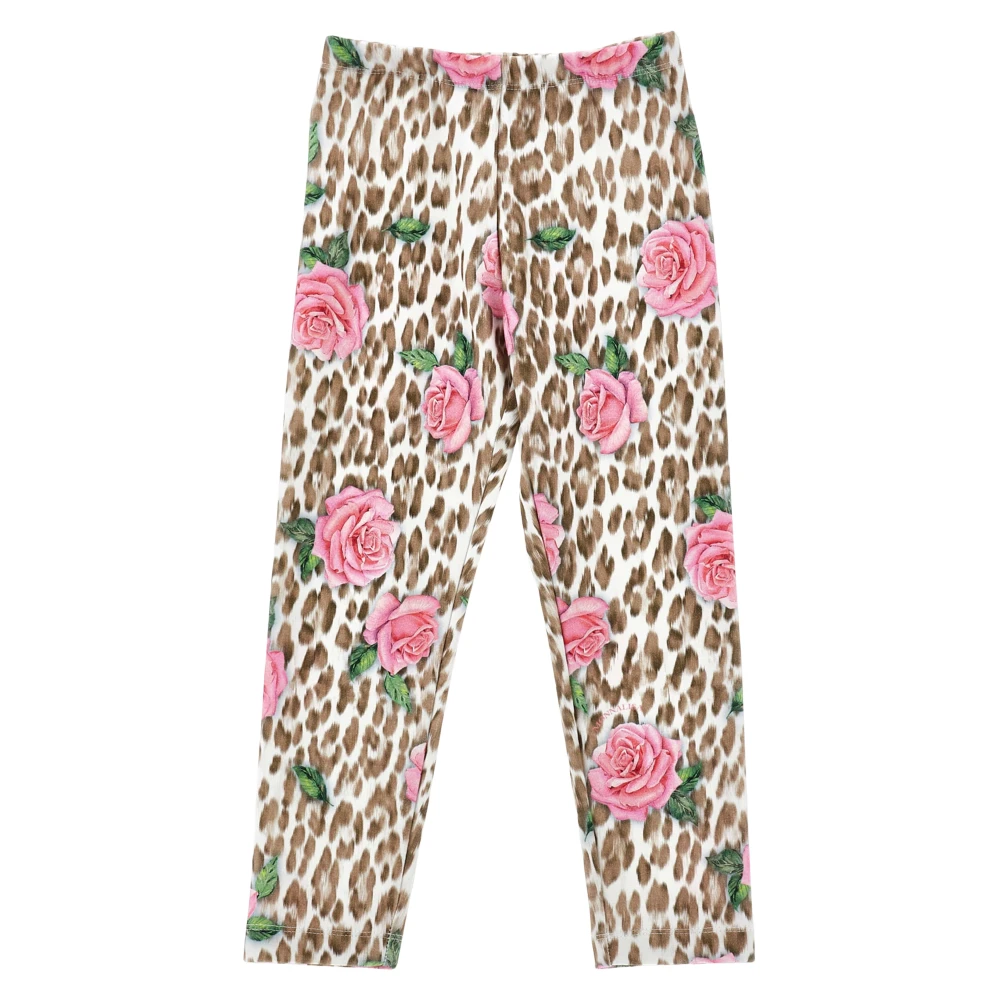 Monnalisa Girls Pink Trousers, 4 Y, Leopard Rose Print Leggings Multicolour