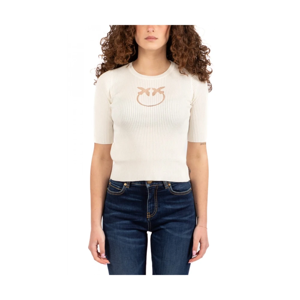 Pinko Geribbelde Zijde Katoen Blend Shirt met Love Birds Logo White Dames