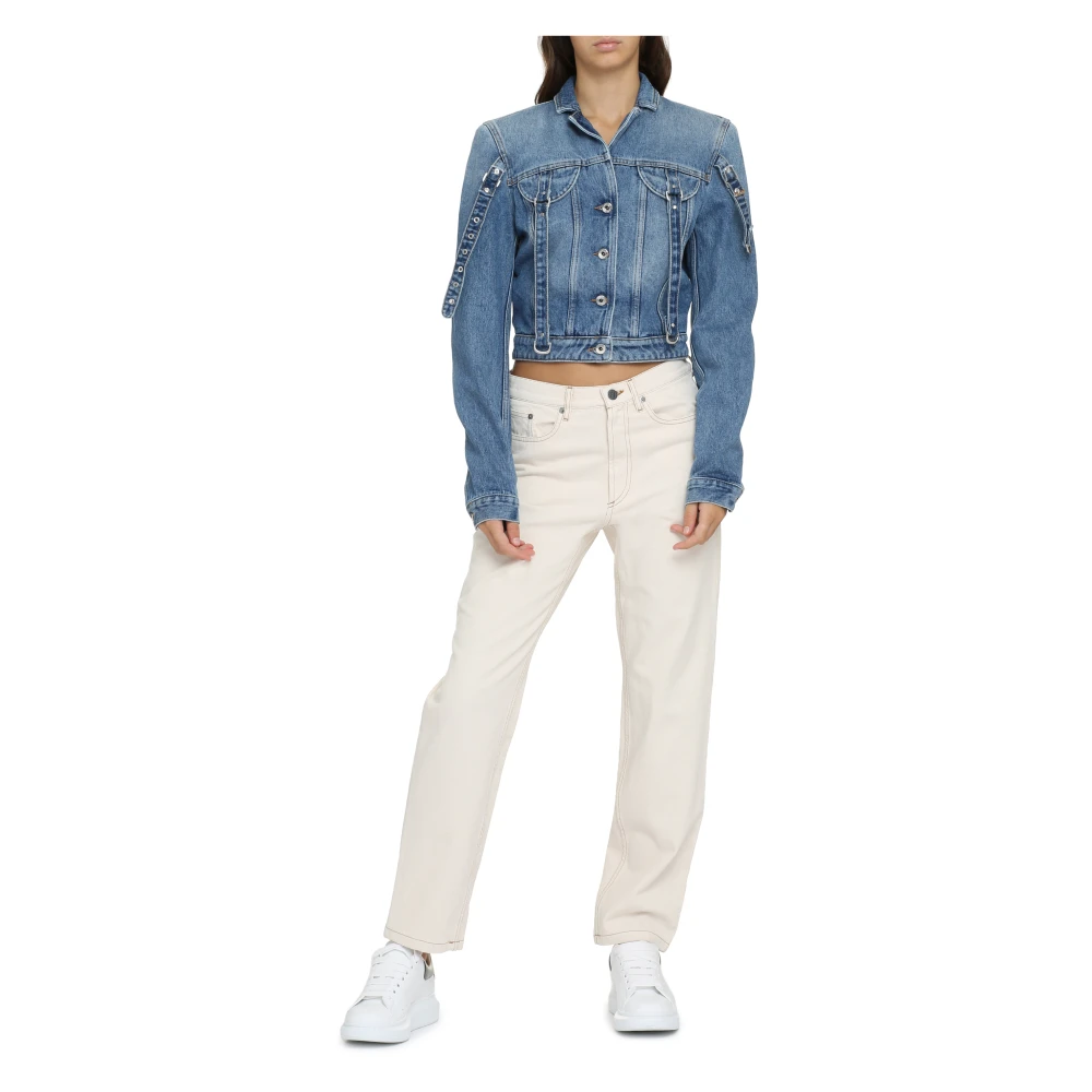 Off White Korte Denimjas met Gewatteerde Schouders Blue Dames