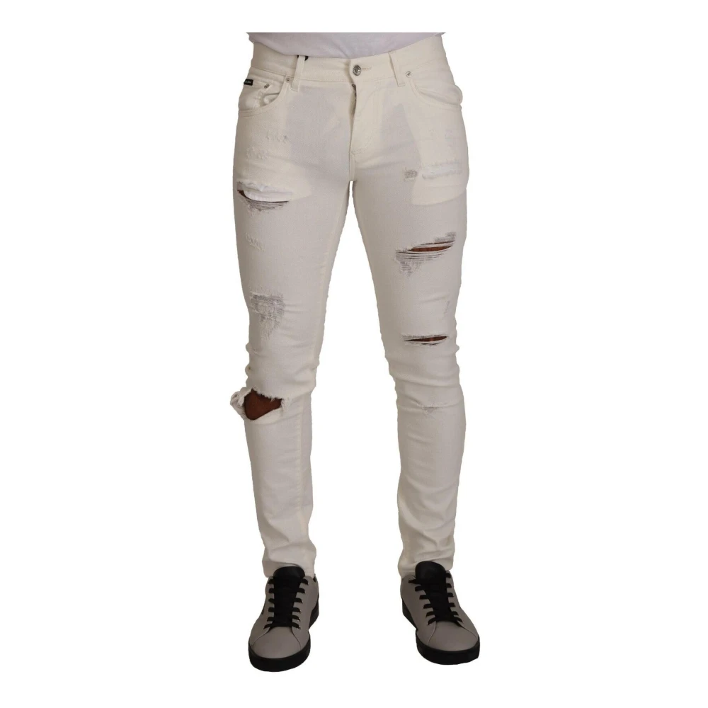 Dolce & Gabbana Men's White Tattered Skinny Cotton Denim Jeans Would Be: Tattered Skinny Cotton Denim Jeans- Luxury Crafted In Italy - Slim-Fit Trousers - S- Trousers