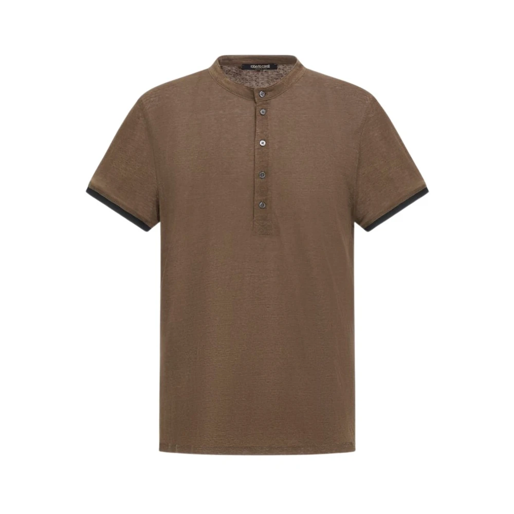 Roberto Cavalli Men's Brown T-Shirts, S, Henley T-Shirt With Mandarin Collar