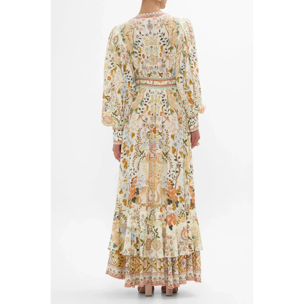 Camilla Zijden Jurk met Lotusbloem Motieven Beige Dames