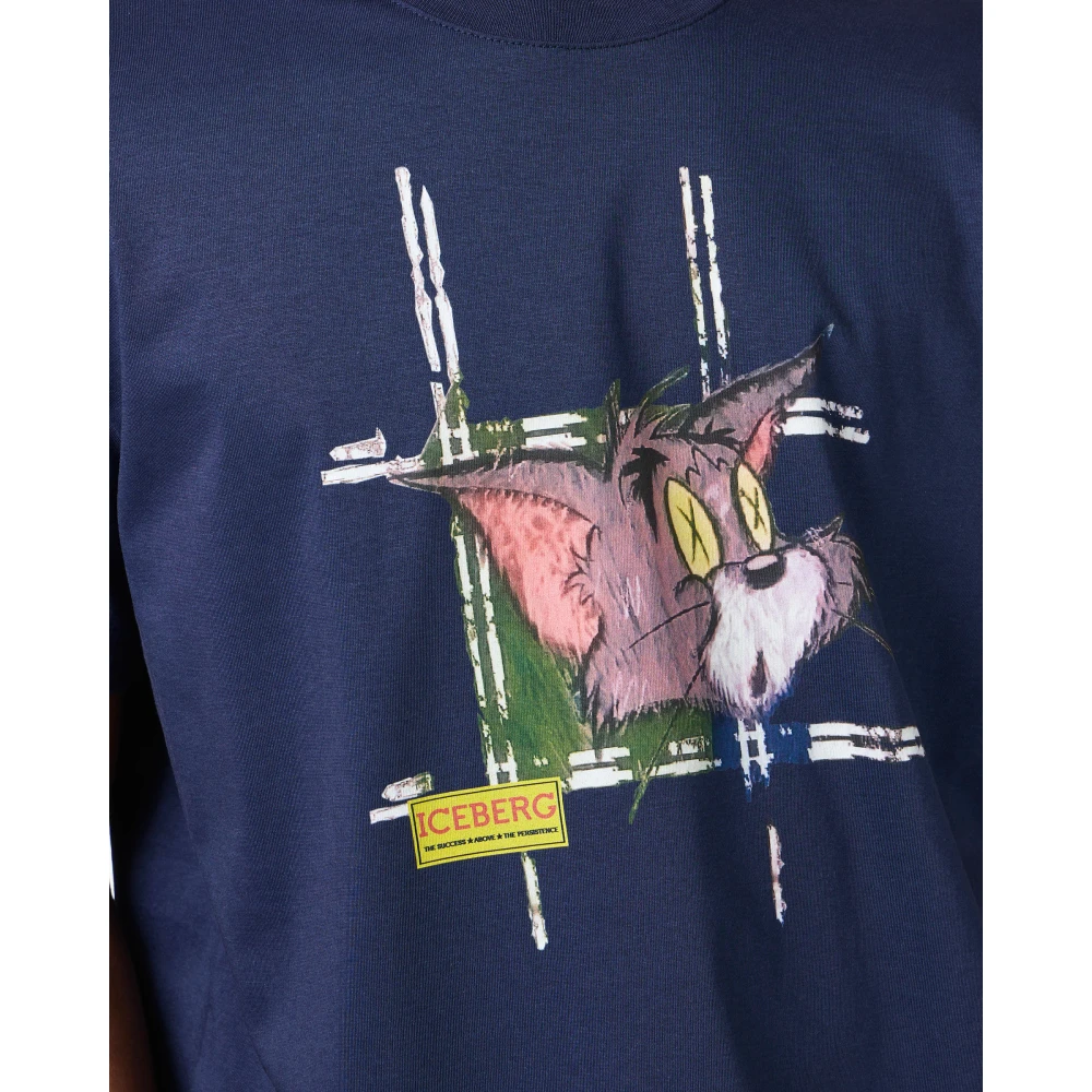 Iceberg Klassiek regular fit blauw T-shirt van katoenen jersey met Tom-print op de voorkant Blue Heren