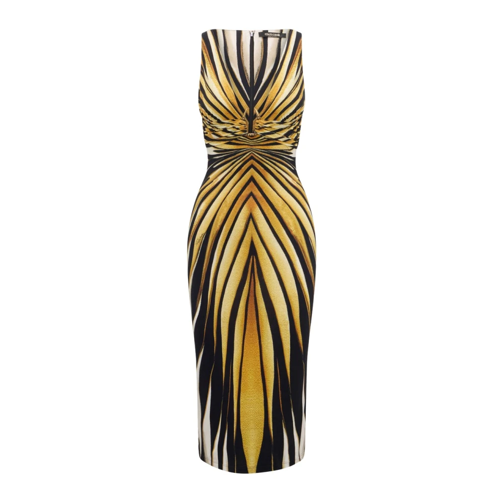 Roberto Cavalli Gouden print aansluitende jurk Yellow Dames