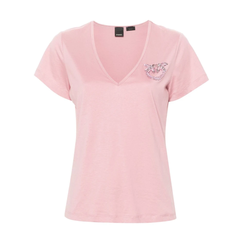 Pinko V-hals geborduurd T-shirt Pink Dames