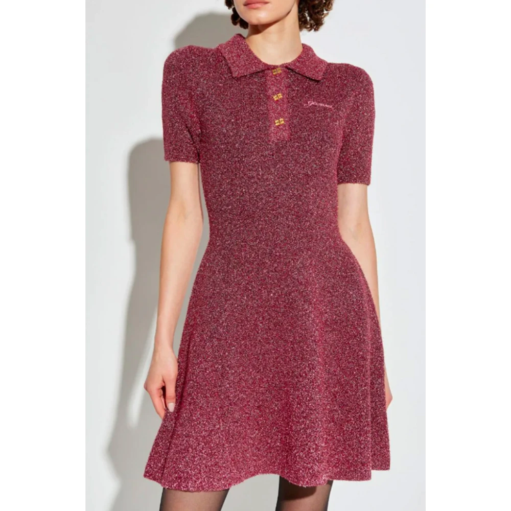 Ganni Roze Gebreide Metallic Jurk met Polokraag Pink Dames