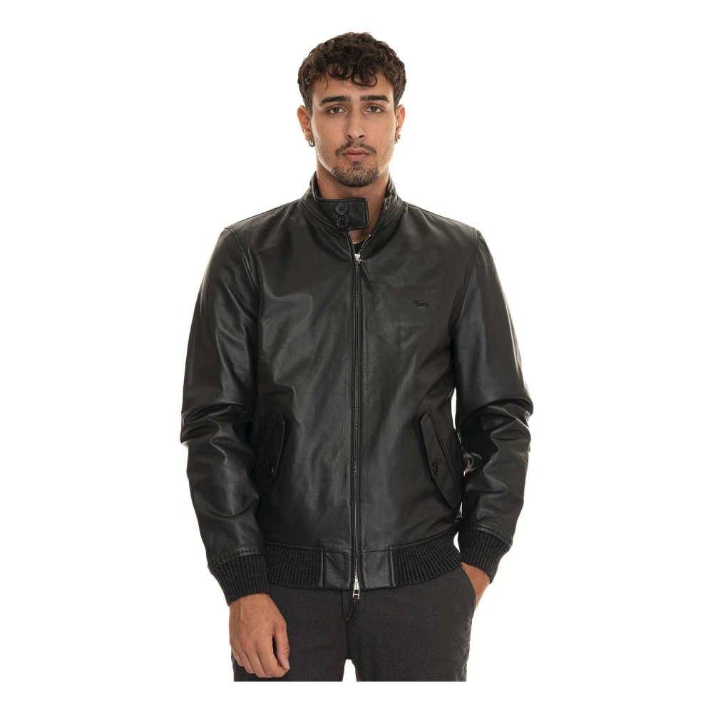 Harmont & Blaine Leren Harrington Jack met Gebreide Boorden Black Heren