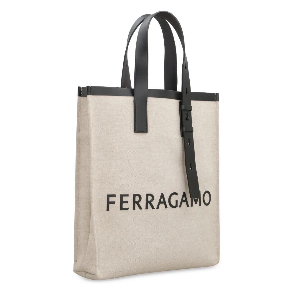 Salvatore Ferragamo Canvas Tote Bag met Leren Details Beige Heren