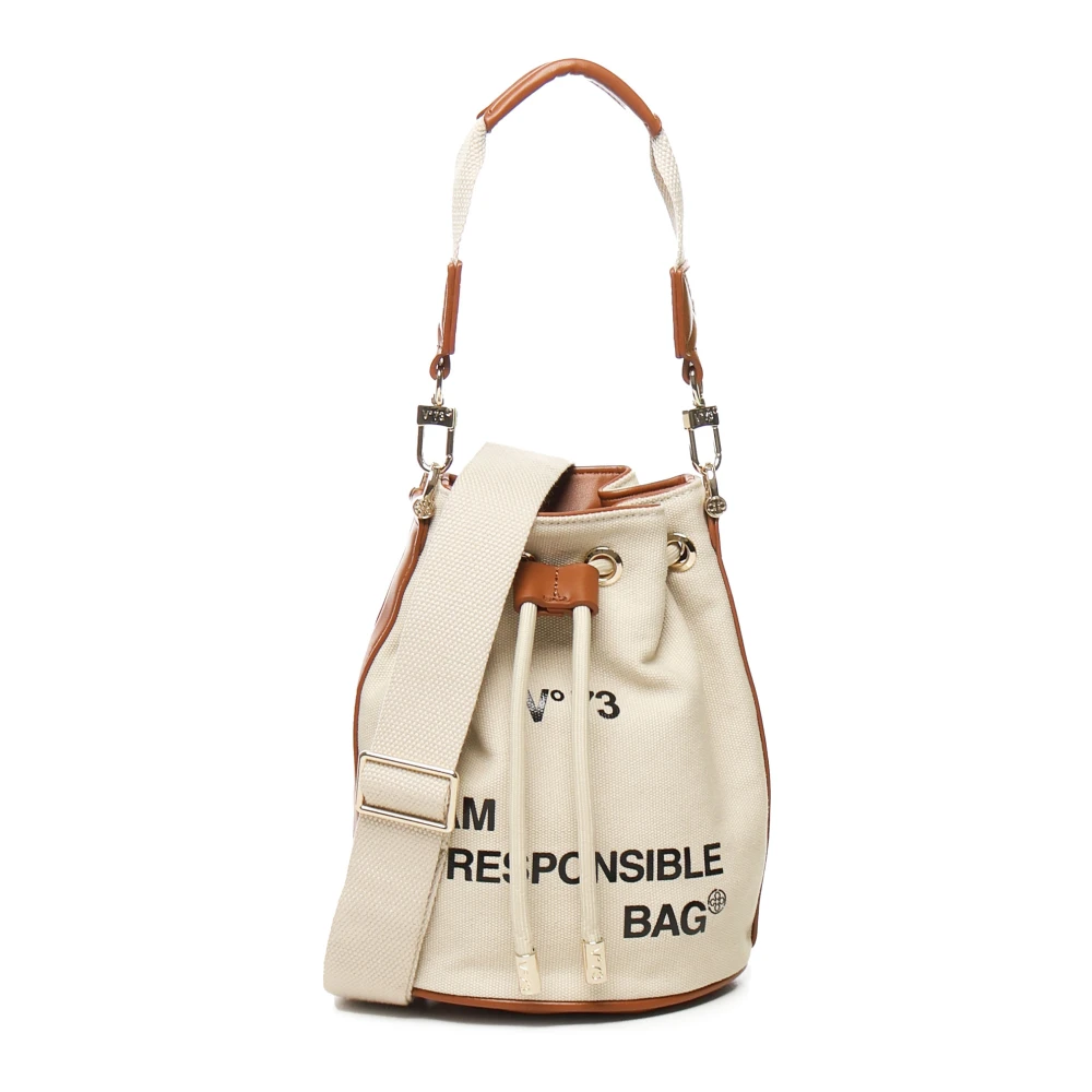 V73 Canvas Trekkoordtas met Slogan Print Beige Dames