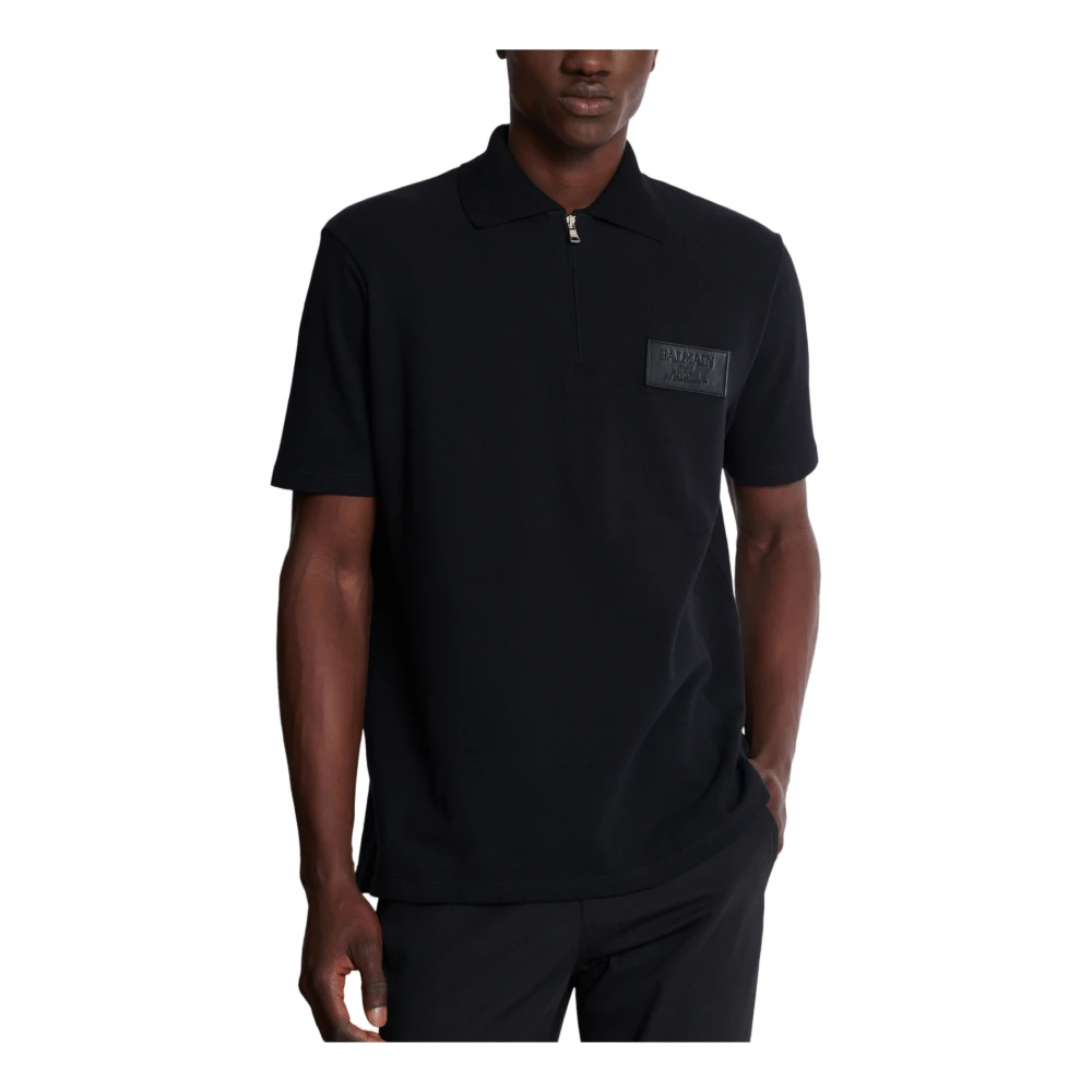 Balmain Katoenen poloshirt met leren Couture-label Black Heren