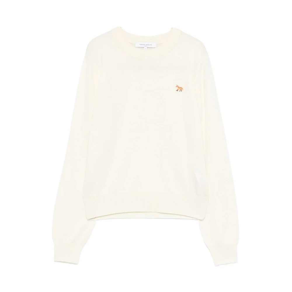 Maison Kitsuné Women's Beige Round-Neck Knitwear, M, Fox Embroidered Jumper