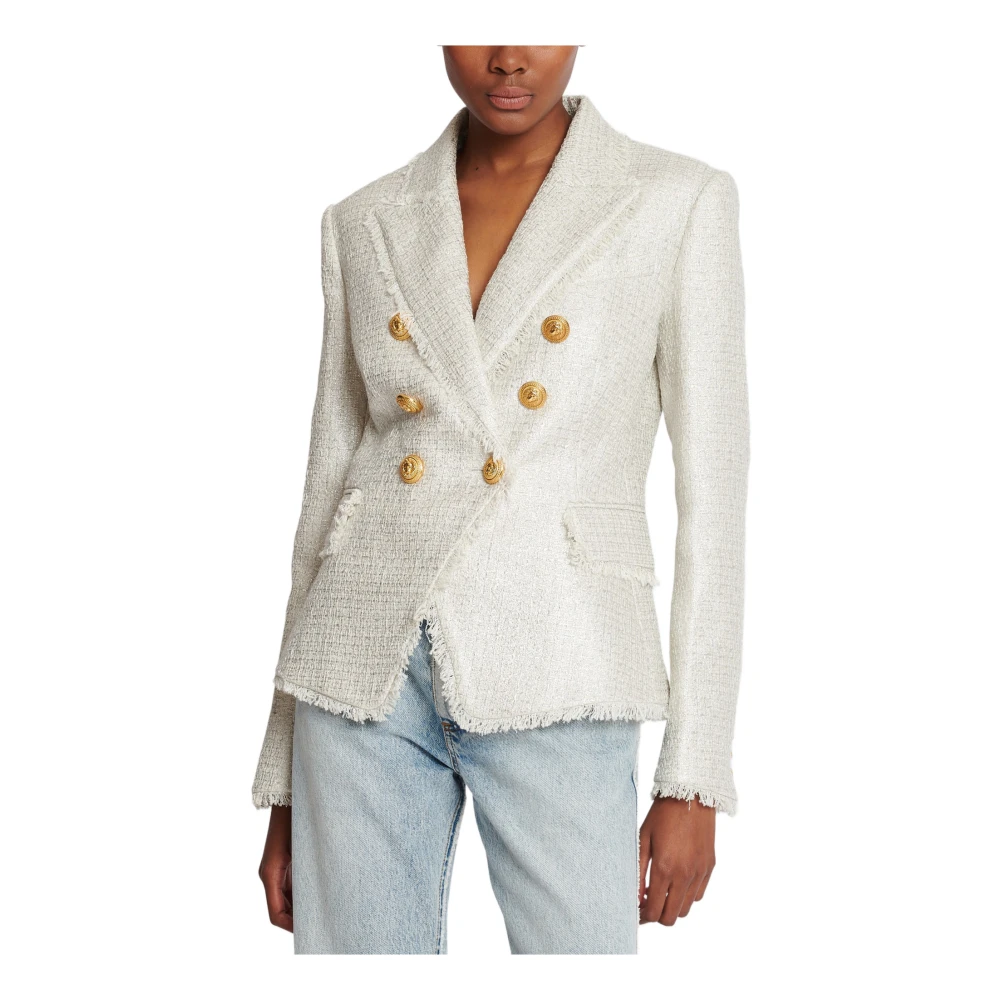 Balmain Double-breasted Tweed Jas Gray Dames