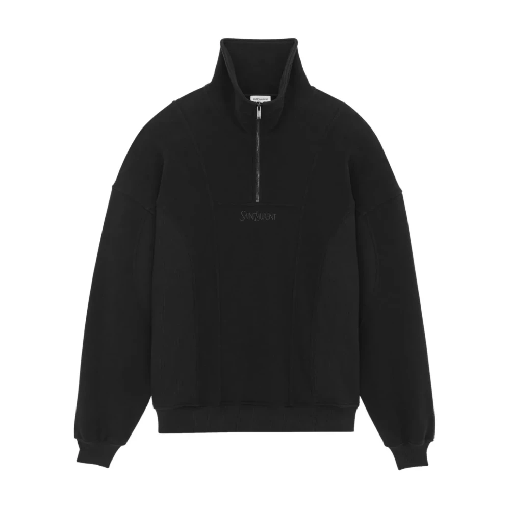 Saint Laurent Zwarte Sweatshirt van Geborsteld Katoen met Halve Rits Black Heren