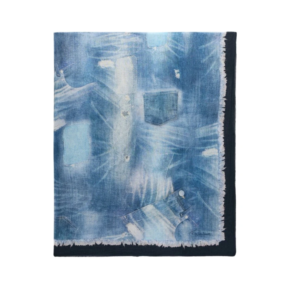Roberto Cavalli Women's Blue Scarves, One Size, Cotton Scarf With Denim Patchwork Print