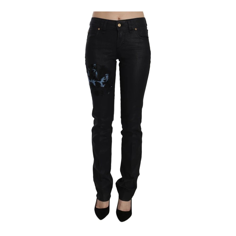 John Galliano Women's Black Swan Floral Embroidered Mid Waist Skinny Denim Jeans
