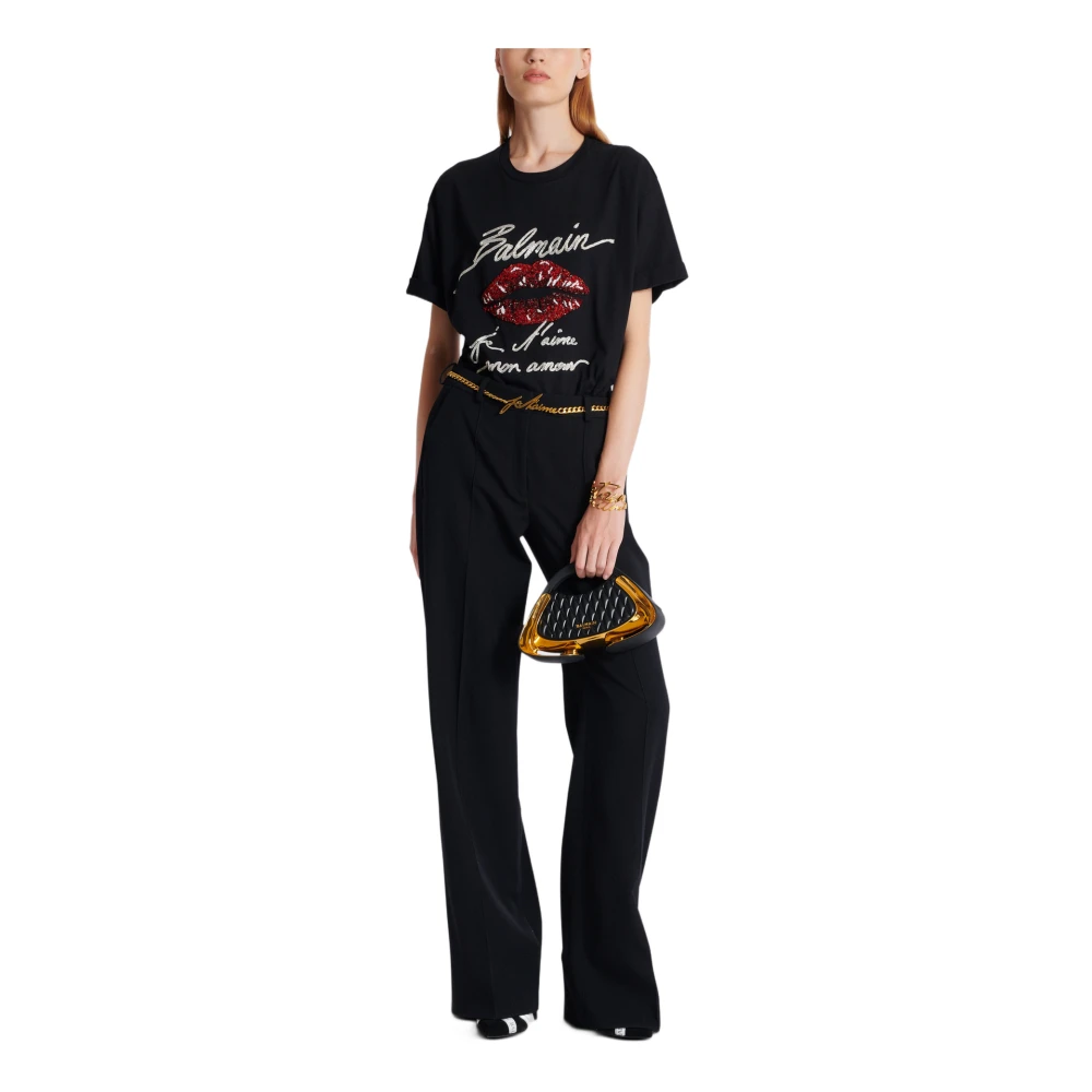 Balmain T-shirt met kus borduurwerk en korte mouwen Black Dames