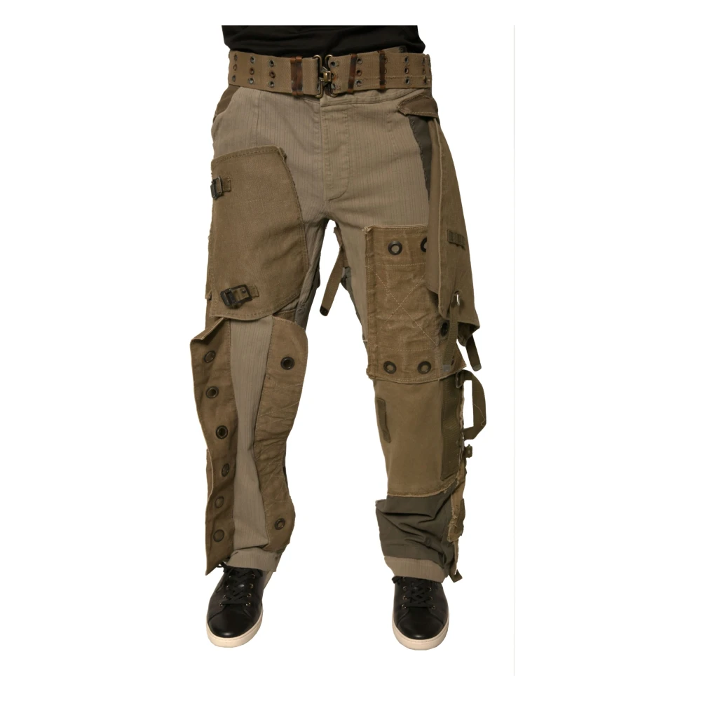 Dolce & Gabbana Men's Beige Straight Trousers, M, Vintage Patchwork Cargo Trousers With Appliqués