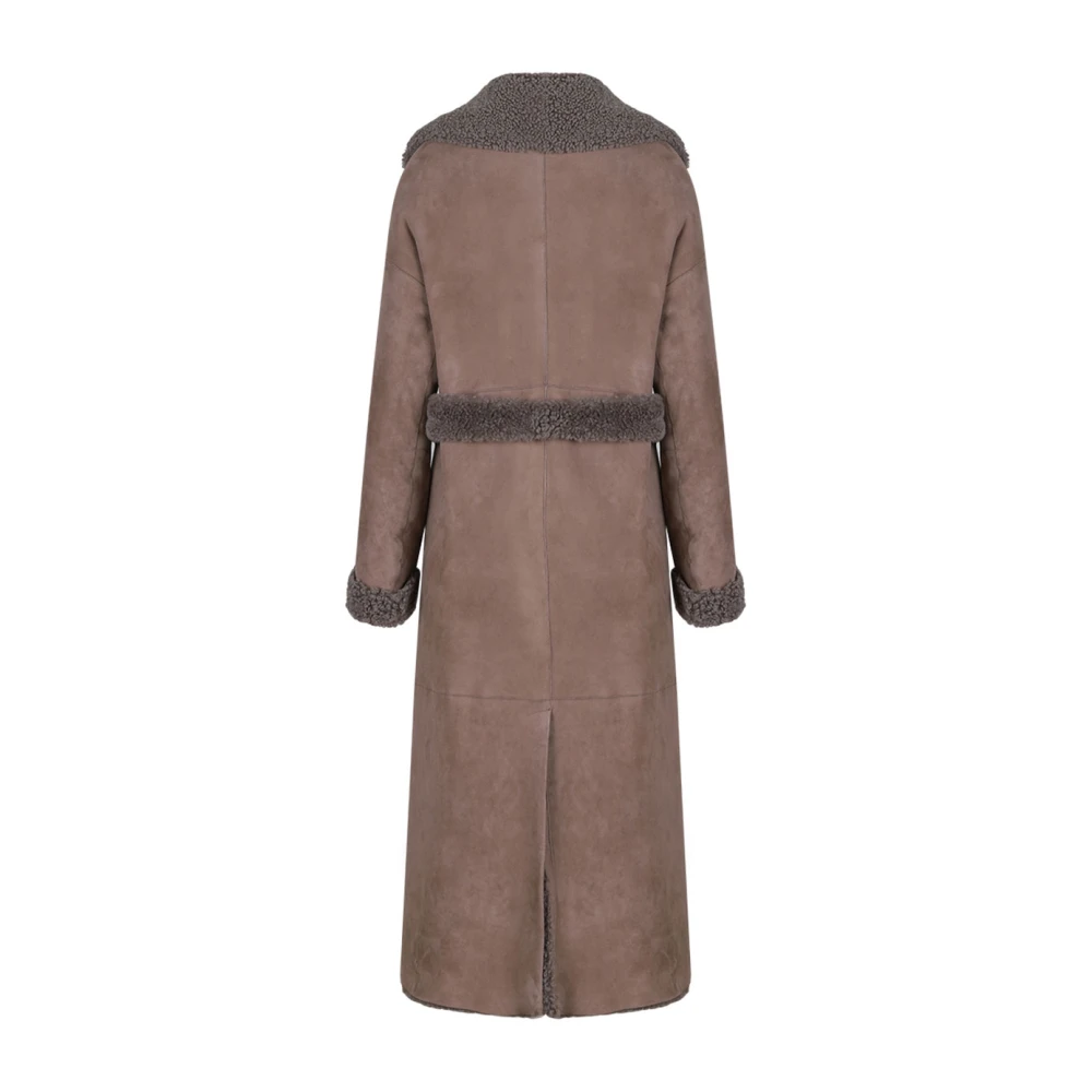 Suprema Bruine Schapenvacht Lange Jas met Riem Gray Dames