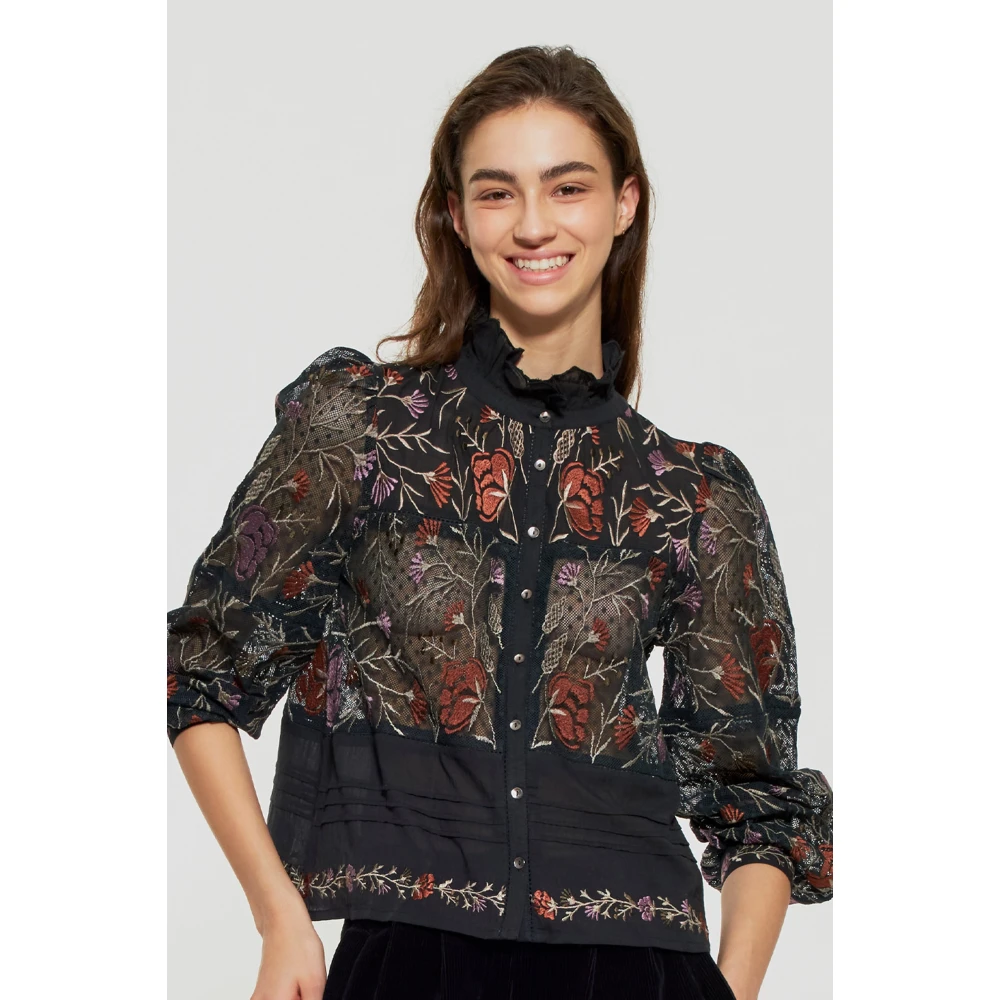 Antik batik Ari geborduurde blouse Black Dames