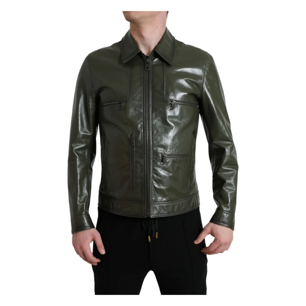 Dolce & Gabbana Men's Green Leather Jackets,, Leather Collared Biker Full Zip Jacket Large