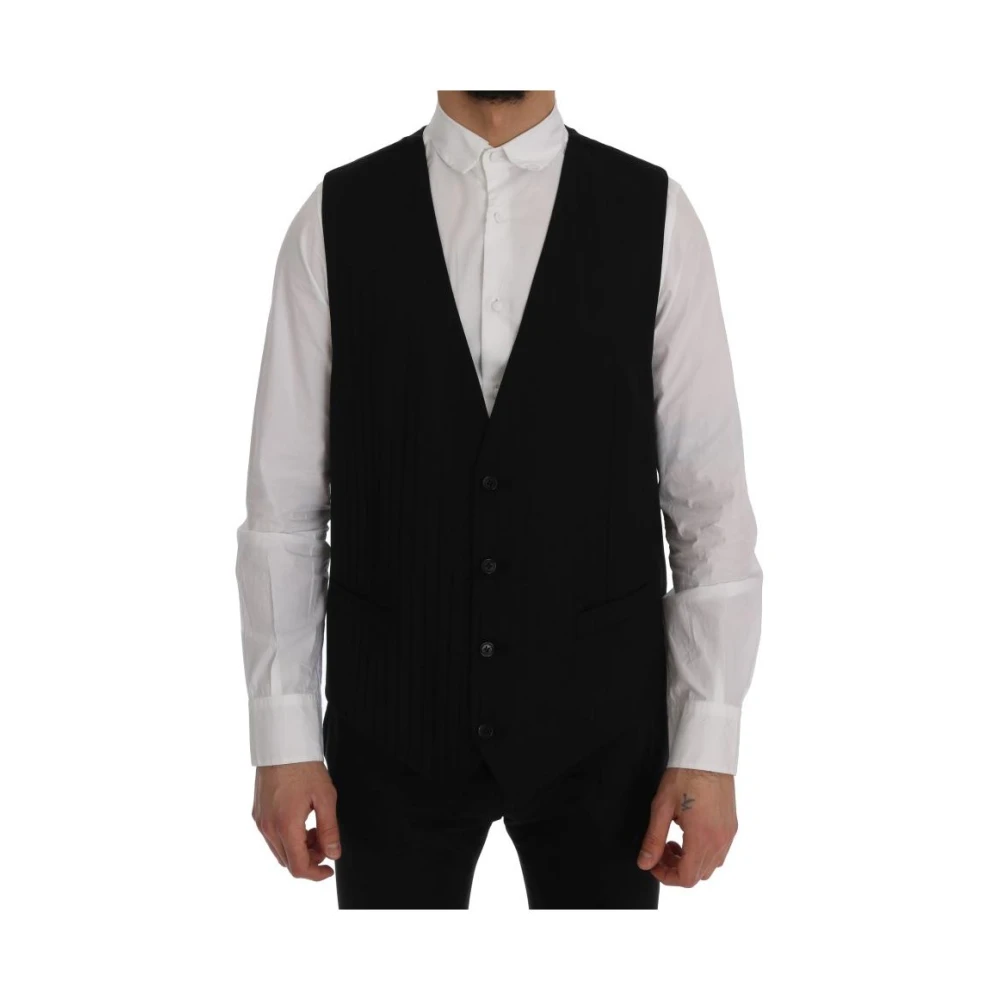 Dolce & Gabbana Men's Black Waistcoats,, Classic Fit V-Neck Wool Vest Large