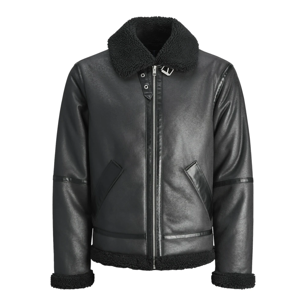 jack & jones Aviator Leren Jas met Teddy Fleece Black Heren