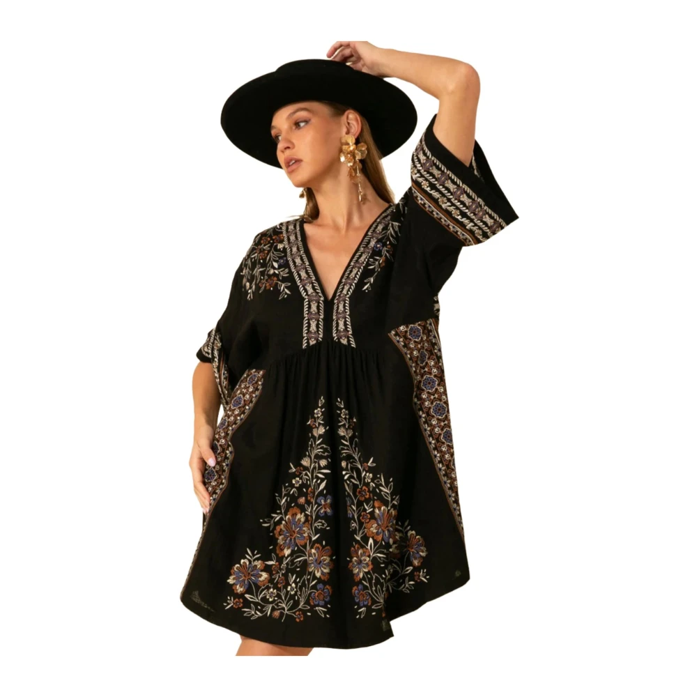 Hale Bob Zwarte Geborduurde Slub-Voile Jurk Black Dames