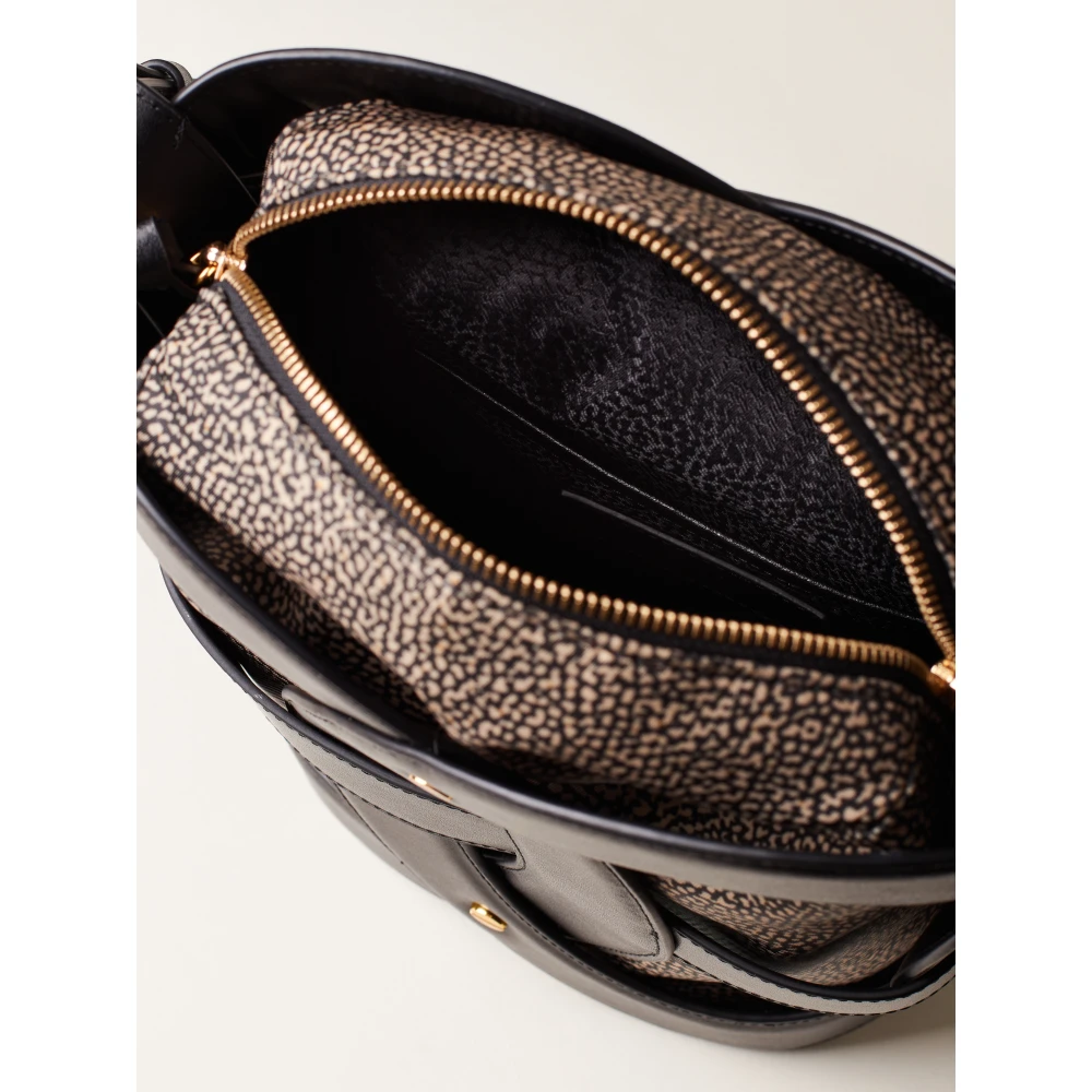 Borbonese Zwarte Leren Bucket Tas met Weefsel Black Dames