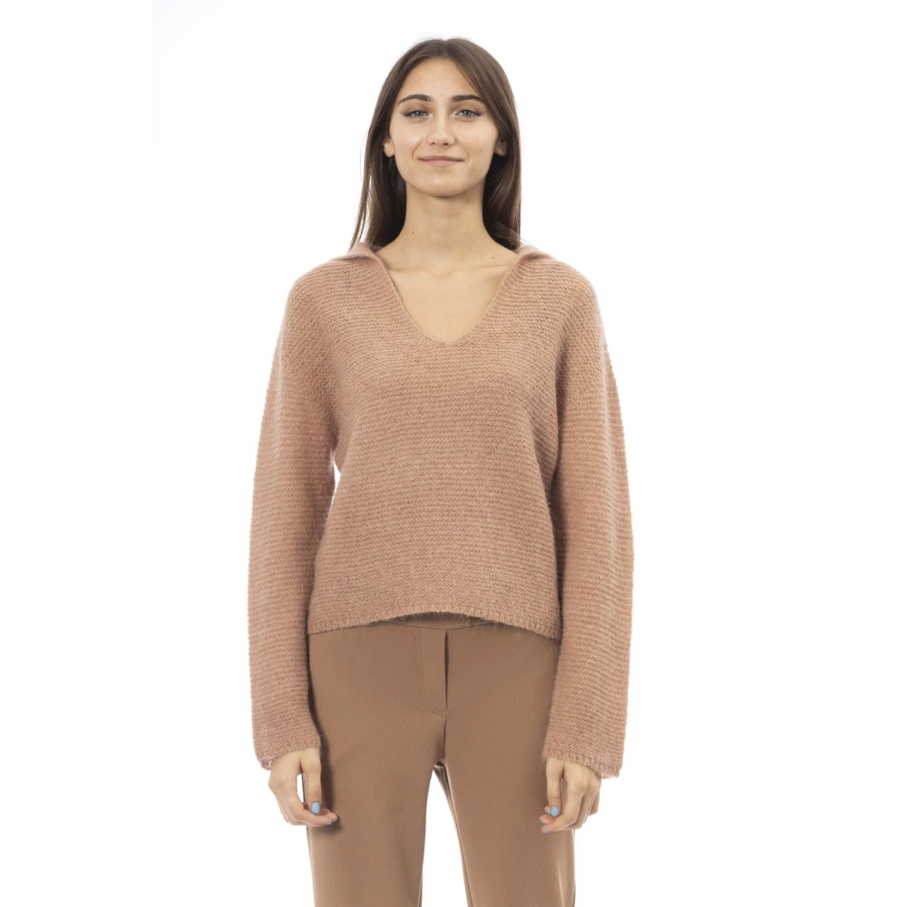 Alpha Studio Beige Polyamide Trui Lange Mouwen Wijde V-hals Beige Dames
