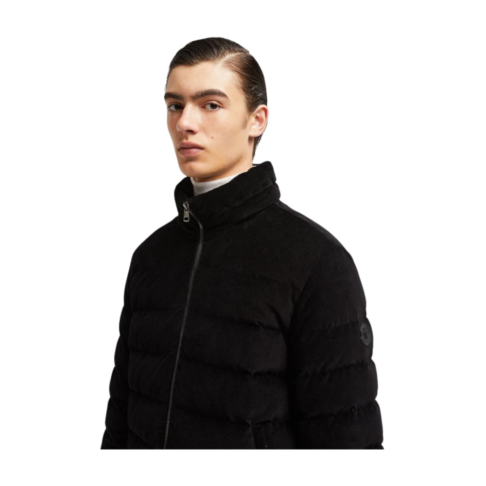 Moncler Corduroy Donsjas met Leren Afwerking Black Heren