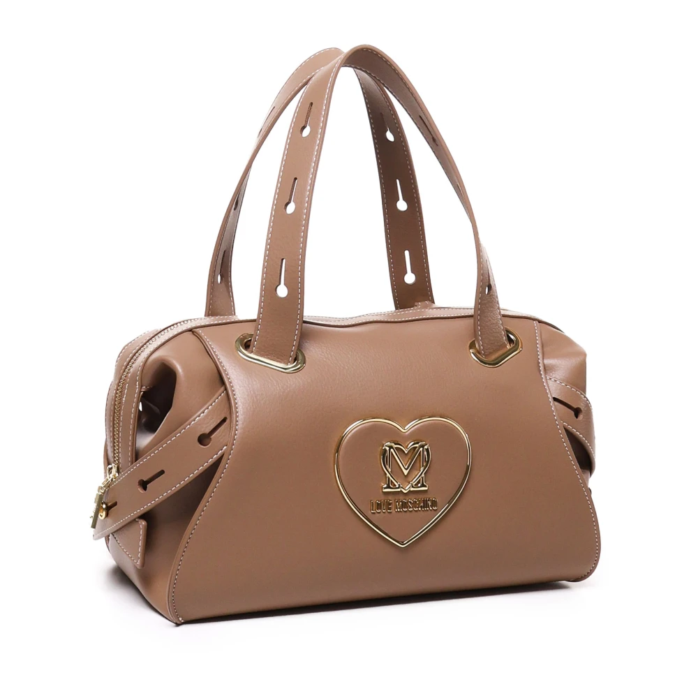 Love Moschino Taupe Leren Schoudertas met Zakken Beige Dames