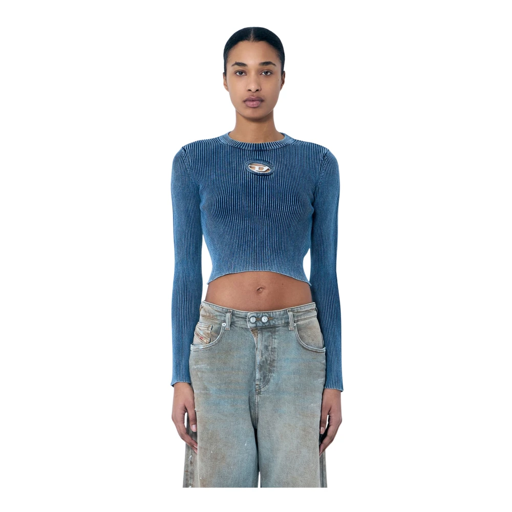 Diesel Women's Blue Rib Top With Logo Plaque - Round-Neck Knitwear - Xs - Knitwear