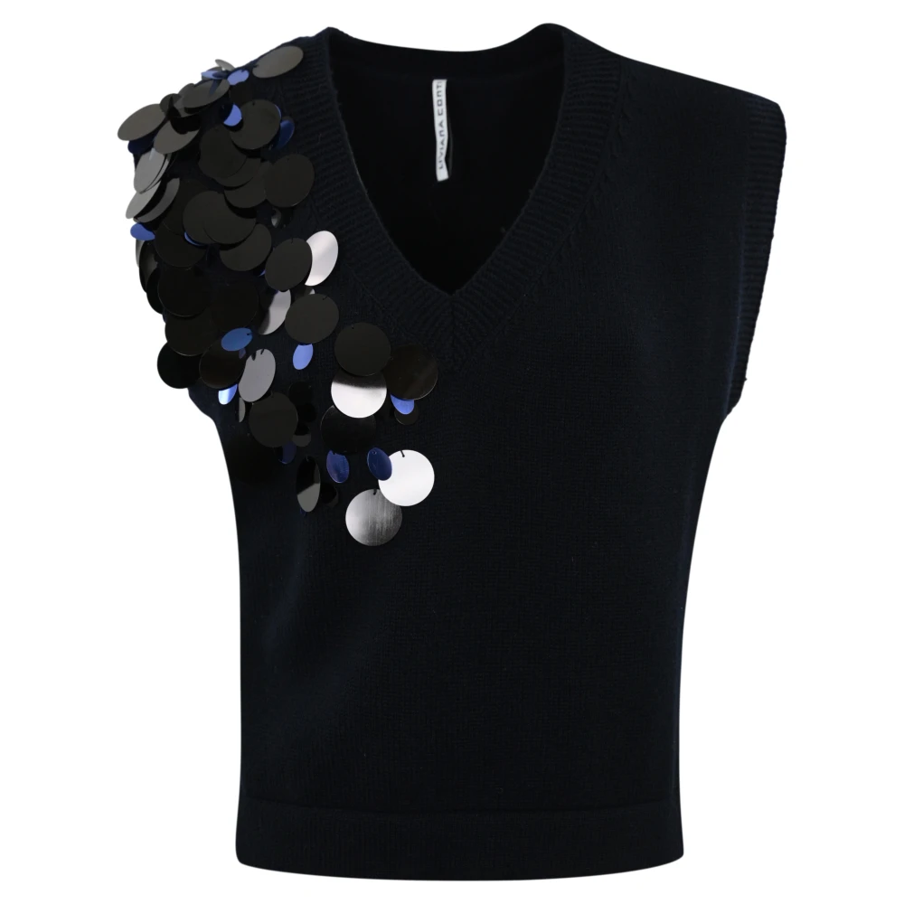 Liviana Conti Blauwe pailletten mouwloze kasjmier trui Blue Dames
