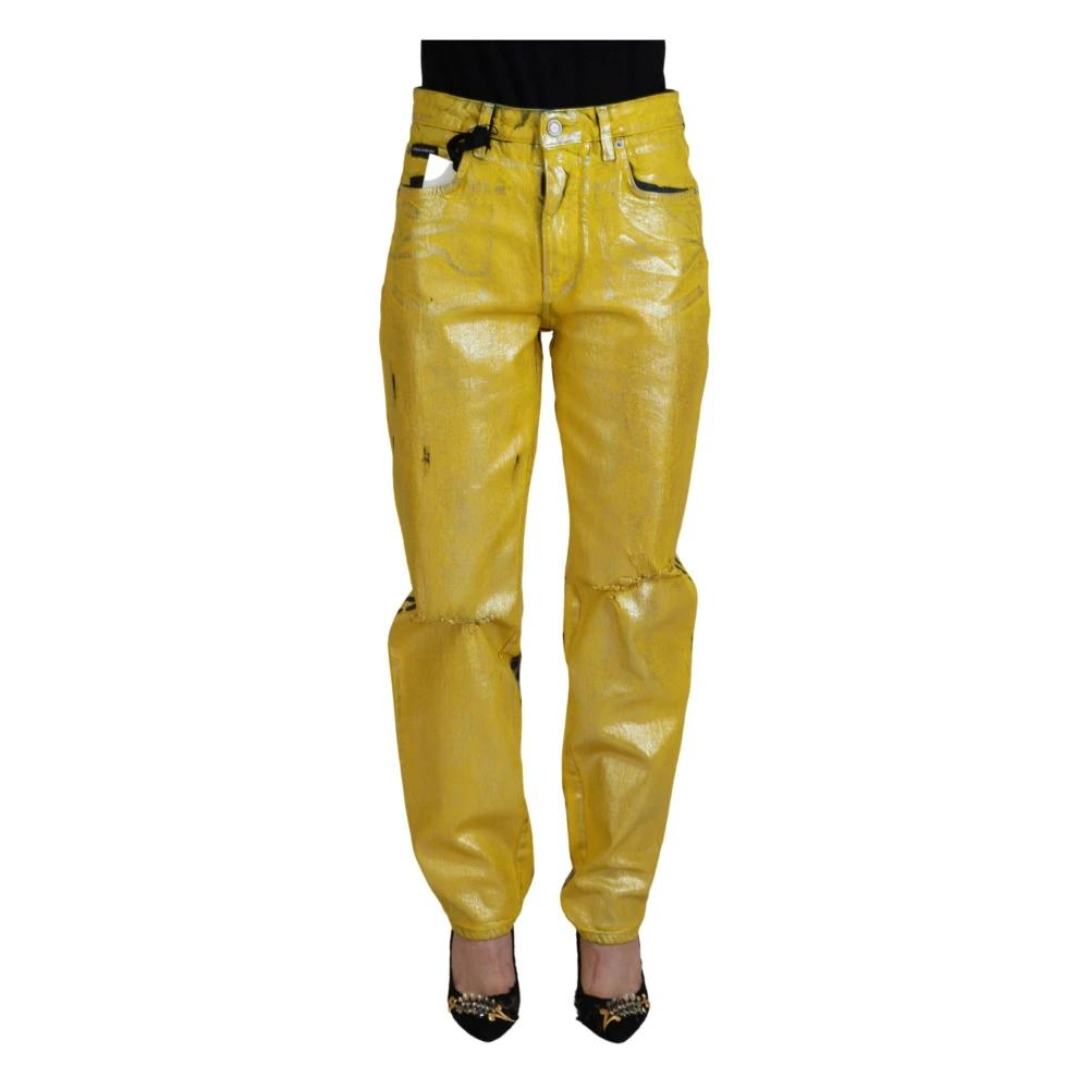 Dolce & Gabbana Yellow Straight Trousers, Female, S, Leopard Straight Denim Jeans