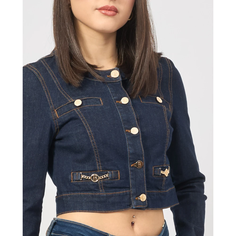 Fracomina Blauwe Cropped Denim Jack met Donkere Wassing Blue Dames