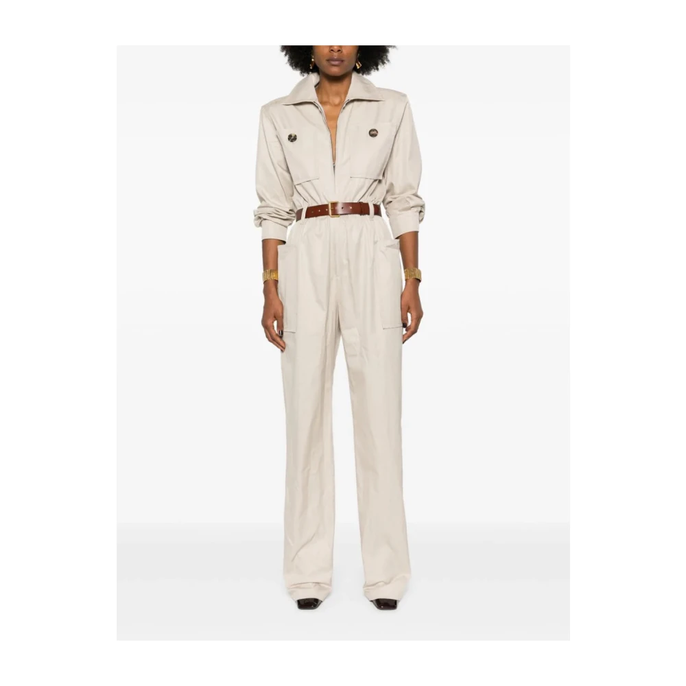 Saint Laurent Beige Clair Twill Jumpsuit met Riem Beige Dames